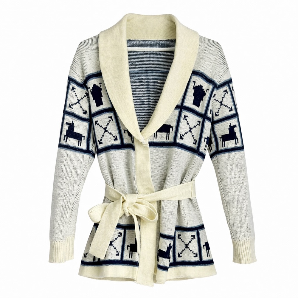 VTG Cowichan-Style Cardigan Sweater - Horse & Bull Motif, Shawl Collar, Belted